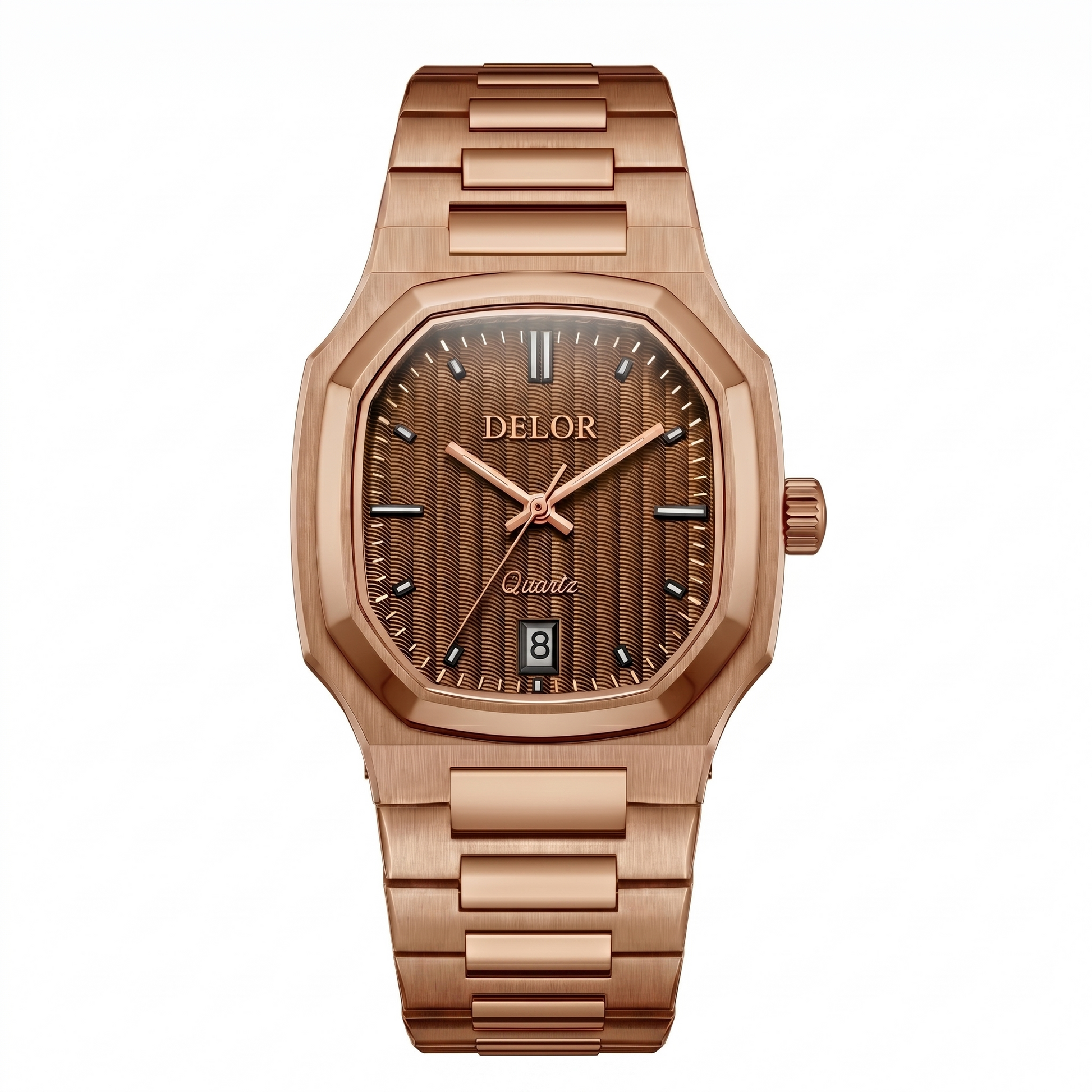 Montre DELOR ONDA 01 or rose — vue de face, cadran or rose et bracelet acier