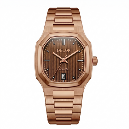 Montre DELOR ONDA 01 or rose — vue de face, cadran or rose et bracelet acier