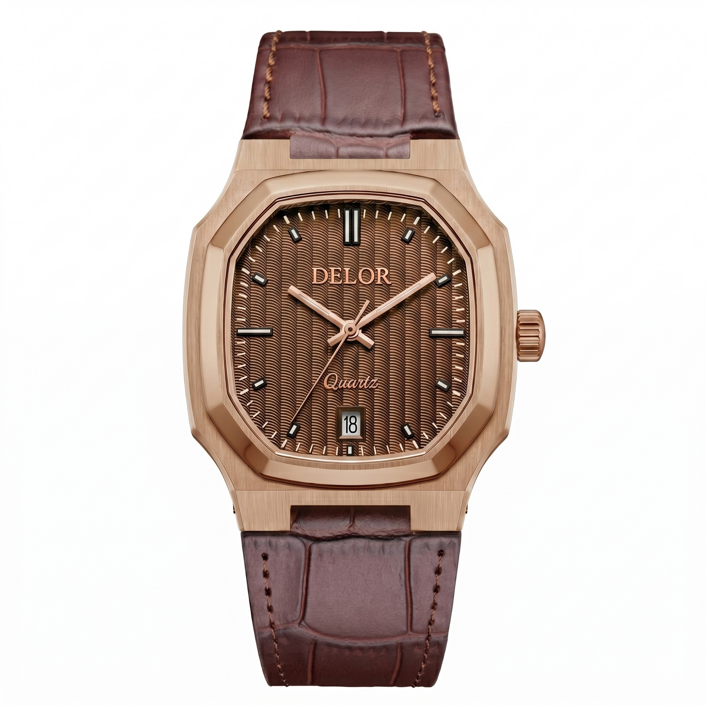Montre DELOR ONDA 01 or rose avec bracelet en cuir véritable — vue de face