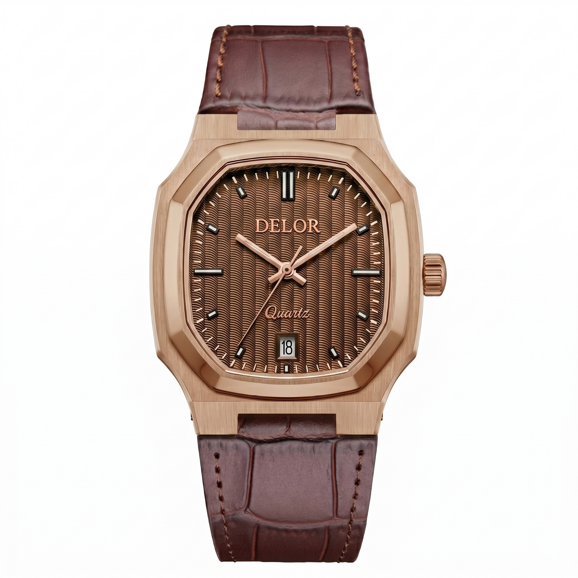 Montre DELOR ONDA 01 or rose avec bracelet en cuir véritable — vue de face