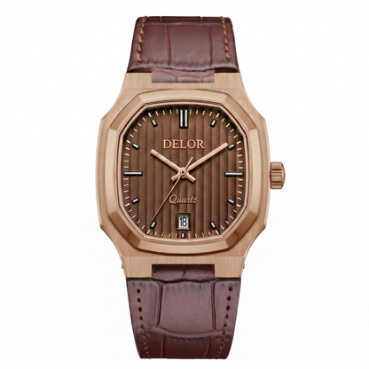 Montre DELOR ONDA 01 or rose avec bracelet en cuir véritable — vue de face